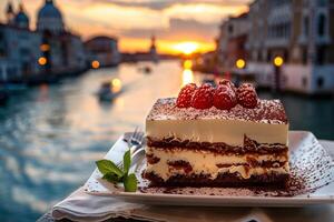 ai gerado clássico Tiramisu sobremesa adornado com fresco morangos negligenciar Veneza grande canal às crepúsculo para romance e gourmet conceitos foto