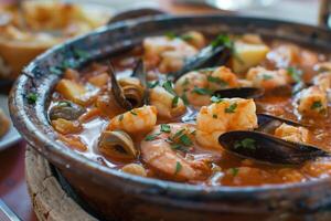 ai gerado zarzuela de mariscos suntuoso frutos do mar ensopado a partir de Espanha servido dentro tradicional louça de barro foto