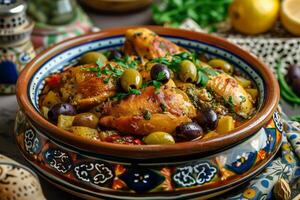 ai gerado colorida marroquino frango tagine com azeitonas e legumes servido dentro tradicional utensílios de cozinha para culinária artes e cultura foto