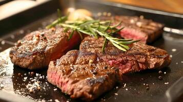 ai gerado fresco suculento delicioso carne bife em uma Sombrio fundo. ai gerado foto