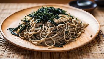 ai gerado soba Macarrão com seco algas marinhas foto