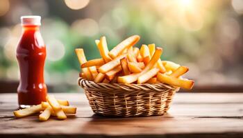 ai gerado francês fritas dentro cesta e ketchup em de madeira mesa foto