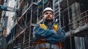 ai gerado uma homem, uma trabalhador, uma construtor de profissão, dentro uma uniforme e uma capacete. ai gerado foto