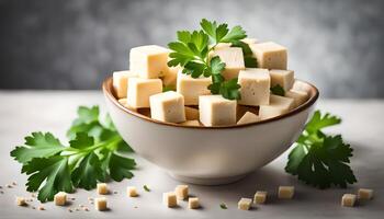 ai gerado tofu cubos dentro tigela e salsinha foto