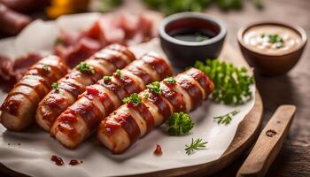 ai gerado salsichas embrulhado com bacon e mergulho molho foto