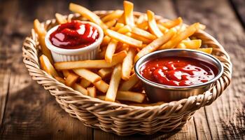 ai gerado francês fritas dentro cesta e ketchup em de madeira mesa foto