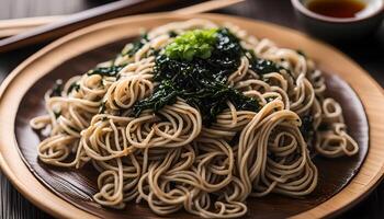 ai gerado soba Macarrão com seco algas marinhas foto