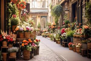 ai gerado residencial rua preenchidas com em vaso plantas foto