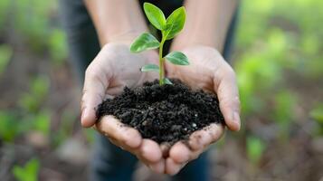 ai gerado humano Palmeiras aguarde solo com uma verde pequeno plantar Como uma conceito para o negócio desenvolvimento. ai gerado foto