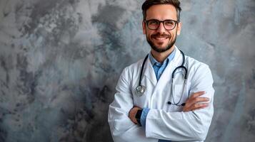 ai gerado retrato do uma masculino médico trabalhador com uma estetoscópio. ai gerado foto