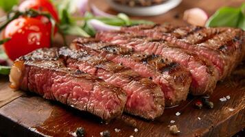 ai gerado fresco suculento delicioso carne bife em uma Sombrio fundo. ai gerado foto