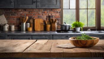 ai gerado mesa cozinha para produtos apresentação foto