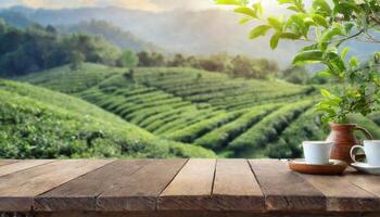 ai gerado esvaziar madeira mesa para produtos apresentação, embaçado natureza fundo dentro chá jardim foto