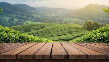 ai gerado esvaziar madeira mesa para produtos apresentação com embaçado natureza fundo dentro chá jardim foto