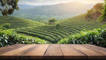 ai gerado esvaziar madeira mesa para produtos apresentação, embaçado natureza fundo dentro chá jardim foto