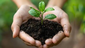 ai gerado humano Palmeiras aguarde solo com uma verde pequeno plantar Como uma conceito para o negócio desenvolvimento. ai gerado foto