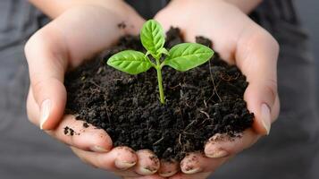 ai gerado humano Palmeiras aguarde solo com uma verde pequeno plantar Como uma conceito para o negócio desenvolvimento. ai gerado foto