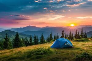 ai gerado acampamento barraca às região selvagem área e montanha panorama com lindo pôr do sol Visão foto
