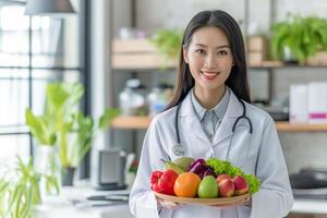 ai gerado ásia fêmea médico segurando frutas e legumes placa. apropriado nutrição e saudável comendo conceito foto