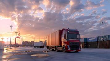 ai gerado caminhão reboque em a cais dentro a carga porta terminal com guindastes e containers. ai gerado foto