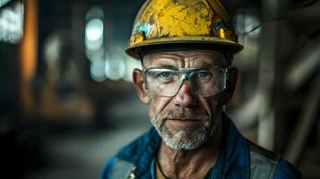 ai gerado retrato do uma trabalhando homem dentro uma uniforme e uma Difícil chapéu. ai gerado foto