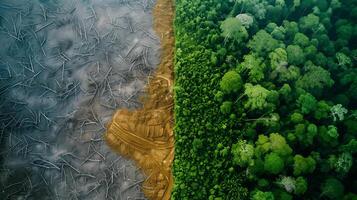 ai gerado a aéreo imagem ilustrando a dramático contraste entre uma desmatado área com árvore tocos e a adjacente exuberante, intacto floresta tropical. foto