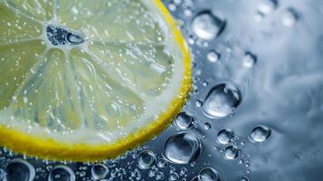 ai gerado macro tiro do limão fatia com água gotas em reflexivo superfície foto