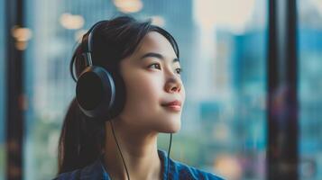 ai gerado contemplativo jovem mulher ouvindo para música com fones de ouvido dentro urbano configuração foto