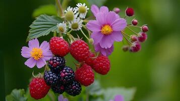 ai gerado vibrante jardim flores e bagas macro fotografia foto