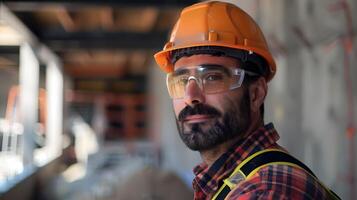 ai gerado uma homem, uma trabalhador, uma construtor de profissão, dentro uma uniforme e uma capacete. ai gerado foto