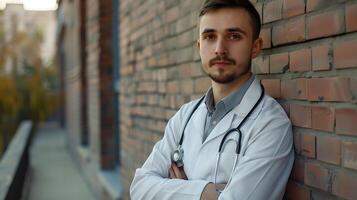 ai gerado retrato do uma masculino médico trabalhador com uma estetoscópio. ai gerado foto