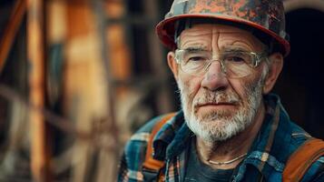 ai gerado retrato do uma trabalhando homem dentro uma uniforme e uma Difícil chapéu. ai gerado foto