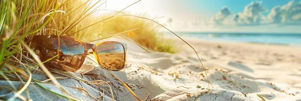 ai gerado ensolarado de praia cena com oculos de sol dentro areia dunas, evocando relaxamento, feriados, e à moda verão vibrações para criativo desenhos foto