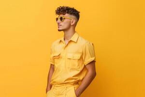 ai gerado uma homem vestem verão moda dentro amarelo fundo. generativo ai foto