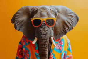 ai gerado uma à moda elefante vestindo oculos de sol e verão terno em cor fundo, animal engraçado pop arte foto