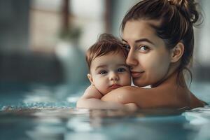 ai gerado lindo caucasiano jovem mãe e dela bebê dentro a natação piscina. foto