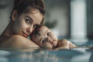 ai gerado lindo caucasiano jovem mãe e dela bebê dentro a natação piscina. foto