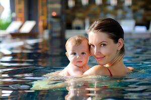 ai gerado lindo caucasiano jovem mãe e dela bebê dentro a natação piscina. foto