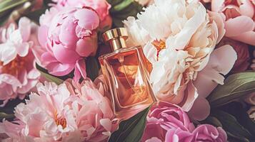 ai gerado perfume garrafa dentro flores, fragrância em florescendo fundo, floral odor e Cosmético produtos foto