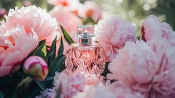 ai gerado perfume garrafa dentro flores, fragrância em florescendo fundo, floral odor e Cosmético produtos foto