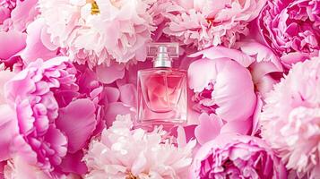 ai gerado perfume garrafa dentro flores, fragrância em florescendo fundo, floral odor e Cosmético produtos foto