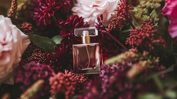 ai gerado perfume garrafa dentro flores, fragrância em florescendo fundo, floral odor e Cosmético produtos foto