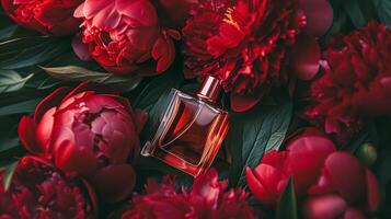 ai gerado perfume garrafa dentro flores, fragrância em florescendo fundo, floral odor e Cosmético produtos foto