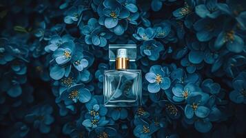 ai gerado perfume garrafa dentro flores, fragrância em florescendo fundo, floral odor e Cosmético produtos foto