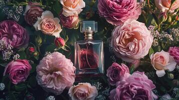 ai gerado perfume garrafa dentro flores, fragrância em florescendo fundo, floral odor e Cosmético produtos foto