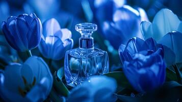 ai gerado perfume garrafa dentro flores, fragrância em florescendo fundo, floral odor e Cosmético produtos foto