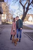 uma jovem casal dentro amor caminhando através a Primavera cidade com uma cockapoo foto