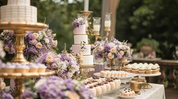 ai gerado Casamento decoração com lavanda tema, floral decoração Projeto e lindo decoração configuração arranjo foto