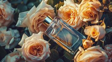 ai gerado perfume garrafa dentro flores, fragrância em florescendo fundo, floral odor e Cosmético produtos foto