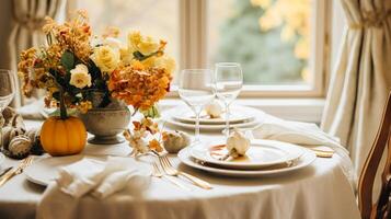 ai gerado outono feriado paisagem de mesa, formal jantar mesa contexto, mesa escapar com elegante outonal floral decoração para Casamento festa e evento decoração foto